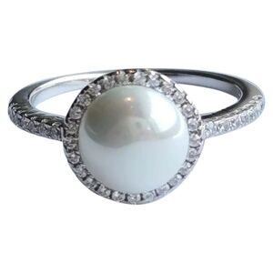 White Freshwater Pearl with CZ Halo Ring Size 7